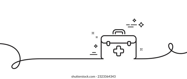 First aid line icon. Continuous one line with curl. Medicical kit sign. Pharmacy medication symbol. First aid single outline ribbon. Loop curve pattern. Vector