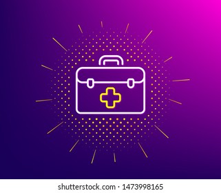 First aid line icon. Halftone pattern. Medicical kit sign. Pharmacy medication symbol. Gradient background. First aid line icon. Yellow halftone pattern. Vector