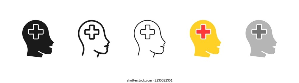 First aid line icon. Head, red cross, mental health, cross, hospital, first aid, immediate, help, sick, patient. Healthcare concept. Vector five icon in different style on white background