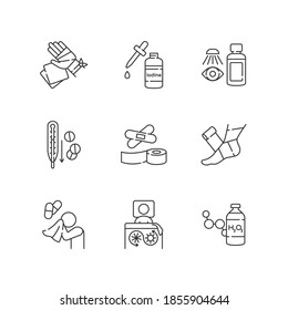 First aid linear icons set. Injury treatment. Illness remedy. Medical equipment for hurt patient. Customizable thin line contour symbols. Isolated vector outline illustrations. Editable stroke