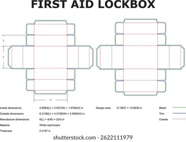 Diseño de Plantilla de embalaje de caja de seguridad de primeros auxilios con medidas detalladas para la construcción de cartón blanco adecuado para suministros médicos de emergencia