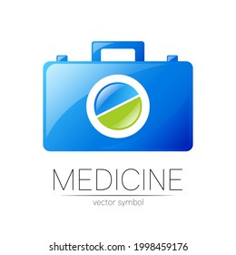 First Aid Logo Vector Medicine Symbol with Help Bag Case and Pill for Health Care Icon for Hospital