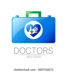 Símbolo de medicina vectorial con logotipo de primeros auxilios con estuche de ayuda y corazón para la atención de la salud
