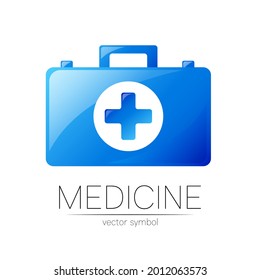 Símbolo de medicina vectorial con logotipo de primeros auxilios con estuche y cruz para icono de atención de salud para hospital