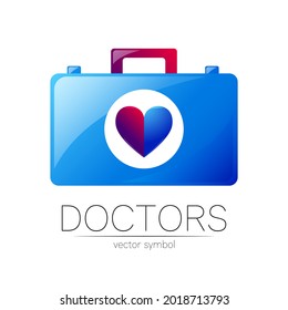 First Aid Logo Vector Medicine Symbol with Help Bag Case and Heart for Health Care Icon for Hospital
