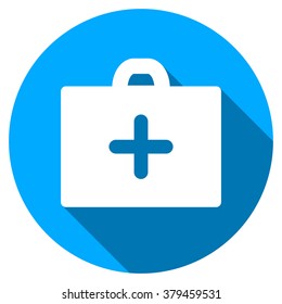 First Aid long shadow icon. Style is a light flat symbol with rounded angles on a blue round button.