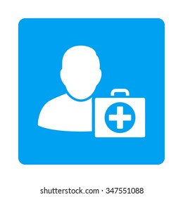 First Aid Male vector icon. Style is flat rounded square button, white and blue colors, white background.