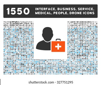 First Aid Man and other web interface, business tools, people poses, medical service vector icons. Style is flat symbols, bicolored, rounded angles, white background.