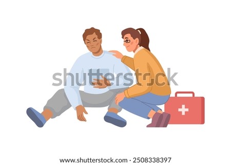 First aid for man sitting on floor, woman with medical kit doing procedures, flat cartoon people vector illustration. Ambulance emergency and resuscitation, rescue training, person reanimation