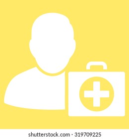 First Aid Man vector icon. Style is flat symbol, white color, rounded angles, yellow background.