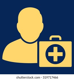 First Aid Man vector icon. Style is flat symbol, yellow color, rounded angles, blue background.
