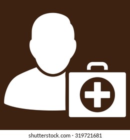 First Aid Man vector icon. Style is flat symbol, white color, rounded angles, brown background.