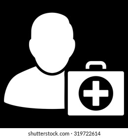 First Aid Man vector icon. Style is flat symbol, white color, rounded angles, black background.