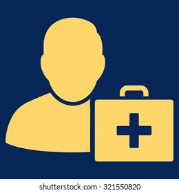 First Aid Man vector icon. Style is flat symbol, yellow color, rounded angles, blue background.