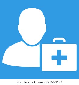 First Aid Man vector icon. Style is flat symbol, white color, rounded angles, blue background.