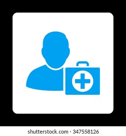 First Aid Man vector icon. Style is flat rounded square button, blue and white colors, black background.