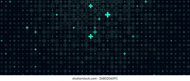 Textura Del Patrón Del Fondo Médico De Primeros Auxilios, Símbolos Dispersos De La Cruz Azul Azulado Plus En Tecnología Oscura BG Con Resplandor Sutil, Fondo de pantalla De Fondo Para Urgencias, App Hospitalarios, Presentaciones. Ilustración vectorial