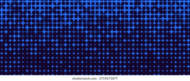 Textura Del Patrón Del Fondo Médico De Primeros Auxilios, Gradiente De Medio Tono De Los Símbolos De Blue Plus En BG Oscuro, Fondo de pantalla De Fondo Moderno Para App De Urgencias, Seguros Y Atención Médica. Ilustración vectorial