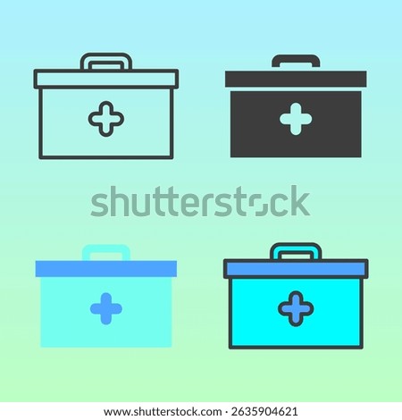 First aid and medical boxes in flat and outline styles, indicating emergency supplies or medicine storage, ideal for hospital graphics or safety materials.