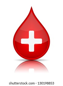 First aid medical button sign (drop blood) with reflection isolated on white. Vector illustration