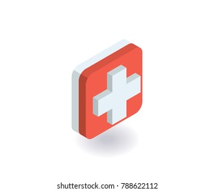 First Aid, Medical Cross Icon. Vector Illustration In Flat Isometric 3D Style.