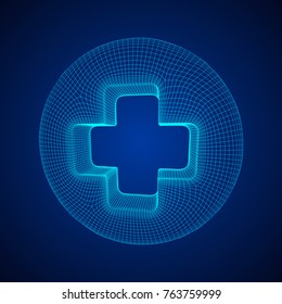 First aid medical cross wireframe low poly mesh, vector symbol illustration