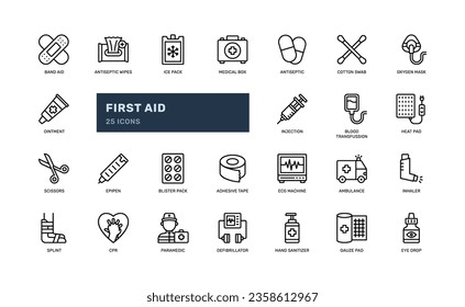 conjunto de iconos de la línea de esquema detallado de la herida de emergencia médica de primer auxilio