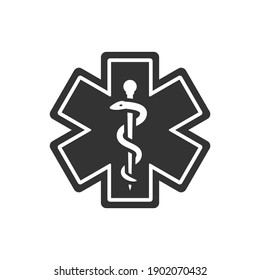 First aid, medical emergency vector symbol. Rod of asclepius or aesculapius with snake, ems icon.