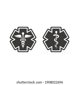 First aid, medical emergency vector symbol. Rod of asclepius or aesculapius and Caduceus with snake, ems icon.