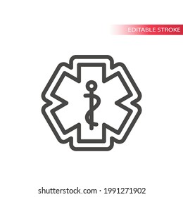 First Aid, Medical Emergency Vector Icon. Rod Of Asclepius Or Aesculapius With Snake, Ems Icon, Editable Stroke.