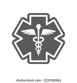 First aid, medical emergency vector symbol. Rod of asclepius or aesculapius, Caduceus with snake, ems, er icon.