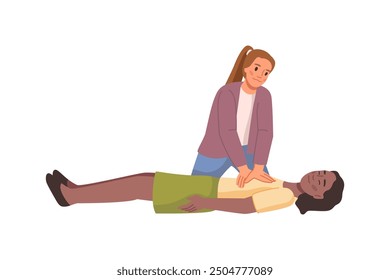 First aid medical heat massage procedure, cardiopulmonary resuscitation, cpr emergency. Medic nurse or doctor doing chest compression and cardiac massage, critical patient