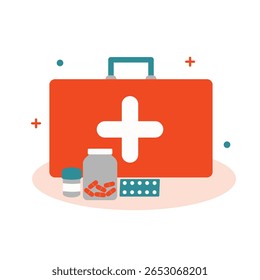 First aid medical kit flat illustration. Emergency medicine box flat design. Flat vector of first aid supplies.