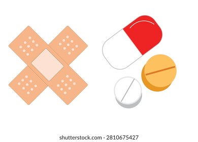 First aid medical kit vector icons set with adhesive plaster bandage, red capsule pill, and white round tablets isolated on white background.
