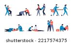 First aid medical procedures, emergency and resuscitation. 911 or 112 ambulance and paramedics with patient. Rescue training, cpr recent vector scenes