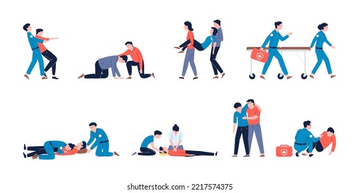 First aid medical procedures, emergency and resuscitation. 911 or 112 ambulance and paramedics with patient. Rescue training, cpr recent vector scenes