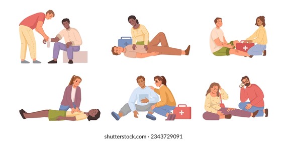 First aid medical procedures, flat cartoon people set. 911 or 112 ambulance and paramedics with patient. Emergency and resuscitation. Heart massage, rescue training, cpr recent scenes