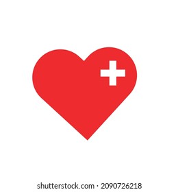 First aid medical sign on red heart shape in flat style with white background. Vector