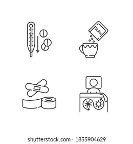 First aid medication linear icons set. Fever reducer pills. Oral rehydration. Thermal blanket. Customizable thin line contour symbols. Isolated vector outline illustrations. Editable stroke