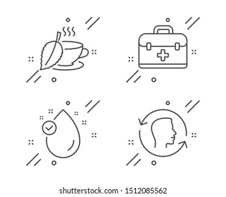 First aid, Mint tea and Vitamin e line icons set. Face id sign. Medicine case, Mentha beverage, Oil drop. Identification system. Healthcare set. Line first aid outline icon. Vector