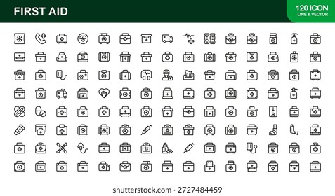 Colección moderna del icono de la línea de los primeros auxilios, iconos mínimos únicos del vector con los símbolos médicos de la seguridad de la emergencia, sistema profesional de la atención sanitaria para la comunicación visual limpia