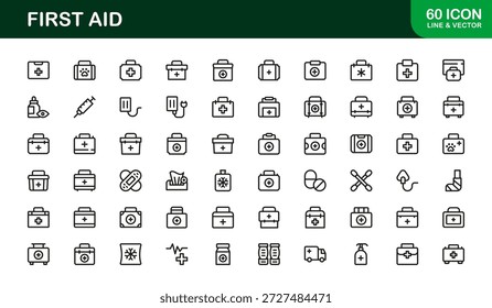Colección moderna del icono de la línea de los primeros auxilios, iconos mínimos únicos del vector con los símbolos médicos de la seguridad de la emergencia, sistema profesional de la atención sanitaria para la comunicación visual limpia