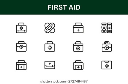 First Aid Modern Line Icon Collection, einzigartige minimale Vektorsymbole mit medizinischen Notfall-Sicherheitssymbolen, professionelles Gesundheitswesen für saubere visuelle Kommunikation