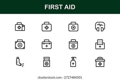 Colección moderna del icono de la línea de los primeros auxilios, iconos mínimos únicos del vector con los símbolos médicos de la seguridad de la emergencia, sistema profesional de la atención sanitaria para la comunicación visual limpia