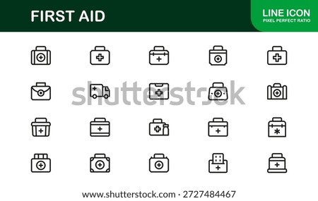 First Aid Modern Line Icon Collection, unique minimal vector icons featuring medical emergency safety symbols, professional healthcare set for clean visual communication