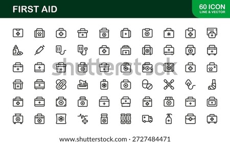 First Aid Modern Line Icon Collection, unique minimal vector icons featuring medical emergency safety symbols, professional healthcare set for clean visual communication