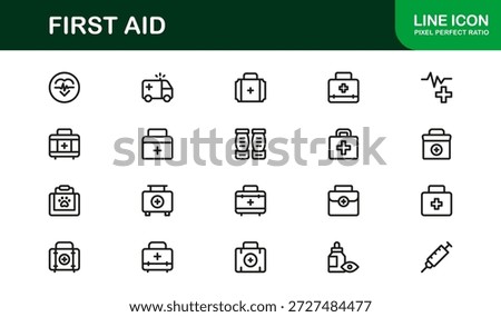 First Aid Modern Line Icon Collection, unique minimal vector icons featuring medical emergency safety symbols, professional healthcare set for clean visual communication