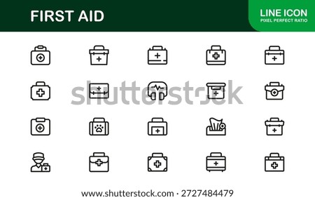 First Aid Modern Line Icon Collection, unique minimal vector icons featuring medical emergency safety symbols, professional healthcare set for clean visual communication