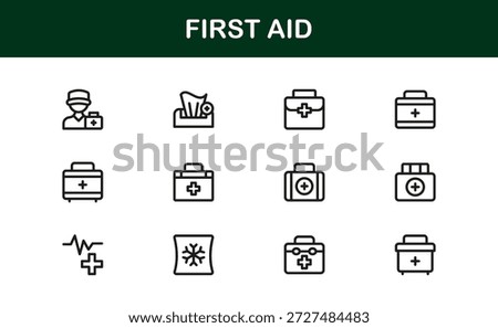 First Aid Modern Line Icon Collection, unique minimal vector icons featuring medical emergency safety symbols, professional healthcare set for clean visual communication