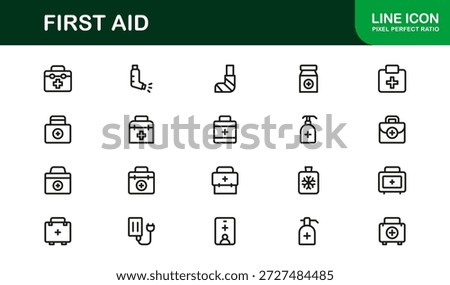 First Aid Modern Line Icon Collection, unique minimal vector icons featuring medical emergency safety symbols, professional healthcare set for clean visual communication